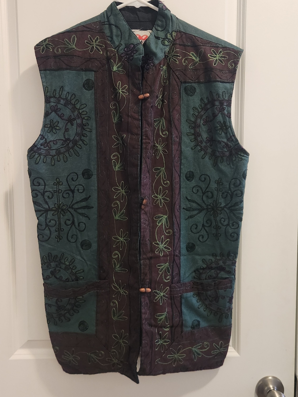 Protest Women Boho Embroidered Cotton Vest Teal Brown Floral Toggle Button M